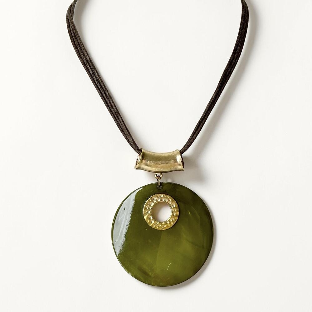 Chicos Pendant Necklace Green Shell Disc Multi Strand Cord Gold Tone Boho Chic